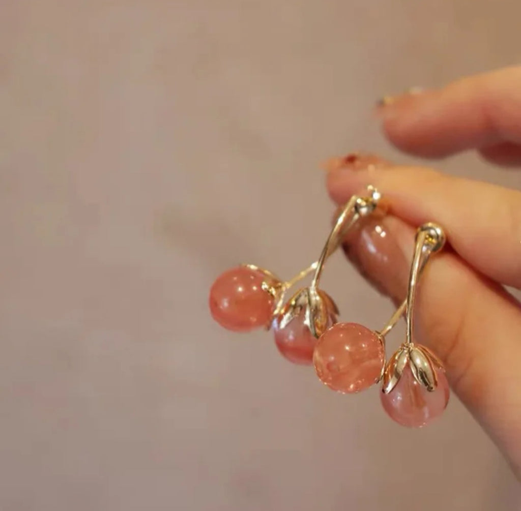 Korean hypo-allergenic needle crystal pink cherry earrings