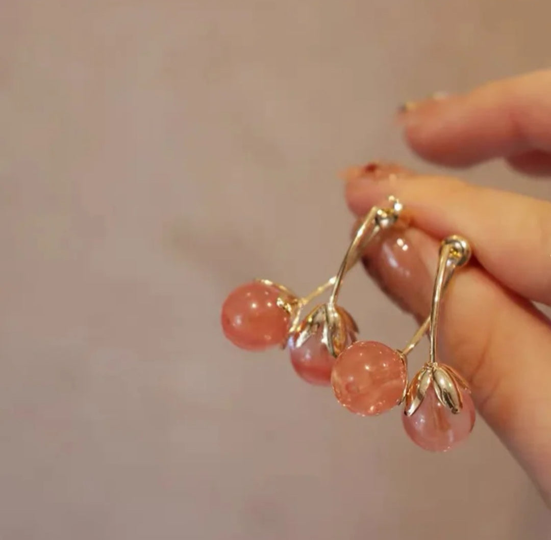 Korean hypo-allergenic needle crystal pink cherry earrings