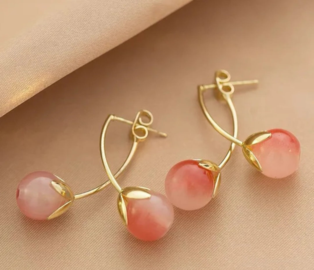 Korean hypo-allergenic needle crystal pink cherry earrings