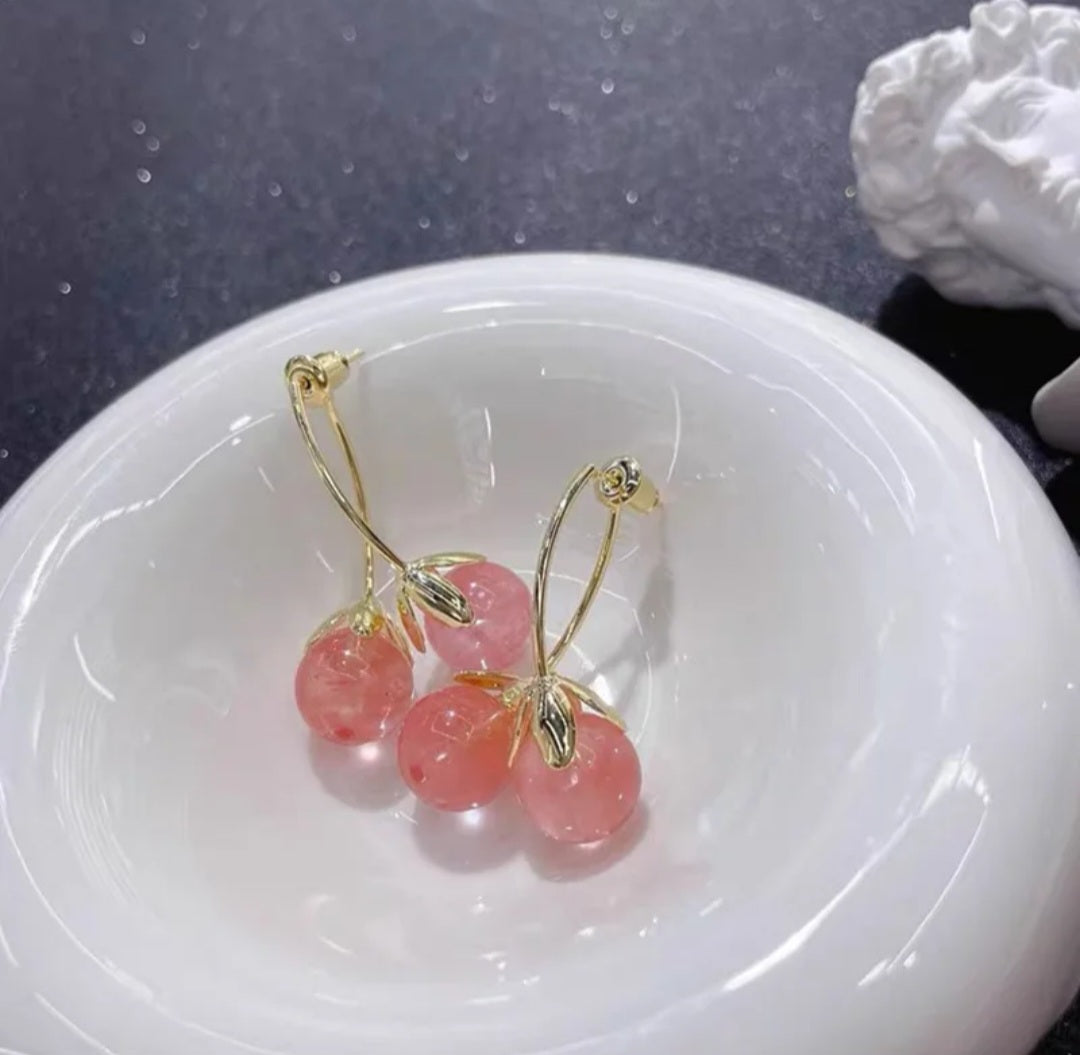 Korean hypo-allergenic needle crystal pink cherry earrings