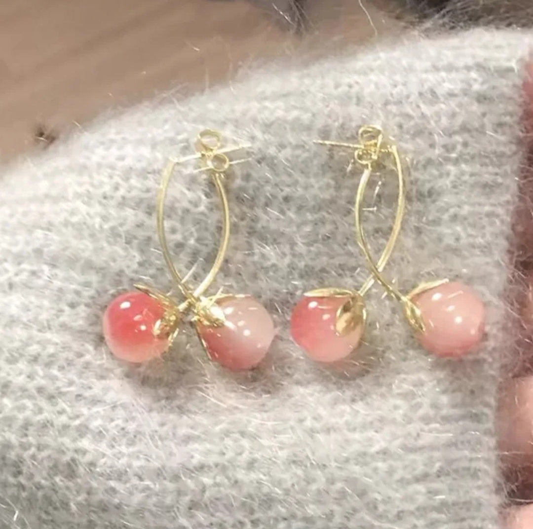 Korean hypo-allergenic needle crystal pink cherry earrings