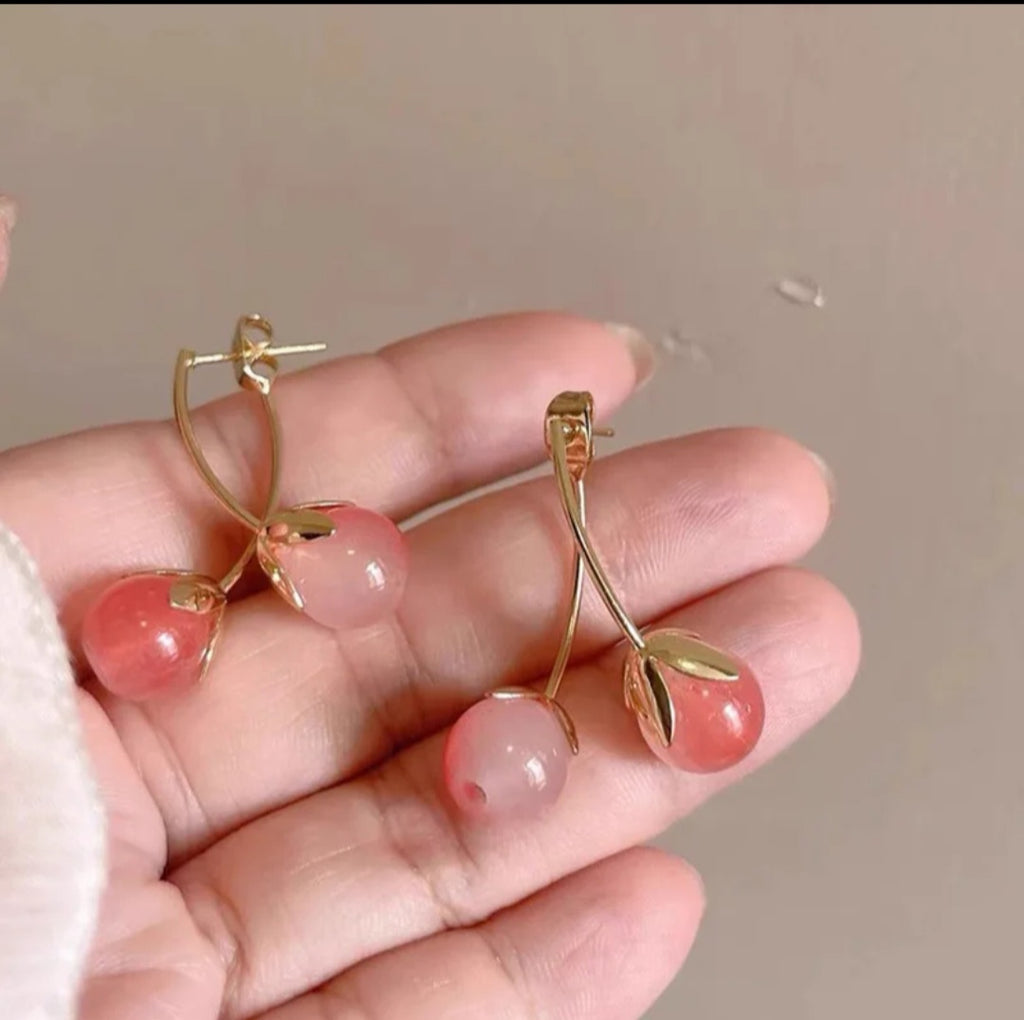 Korean hypo-allergenic needle crystal pink cherry earrings