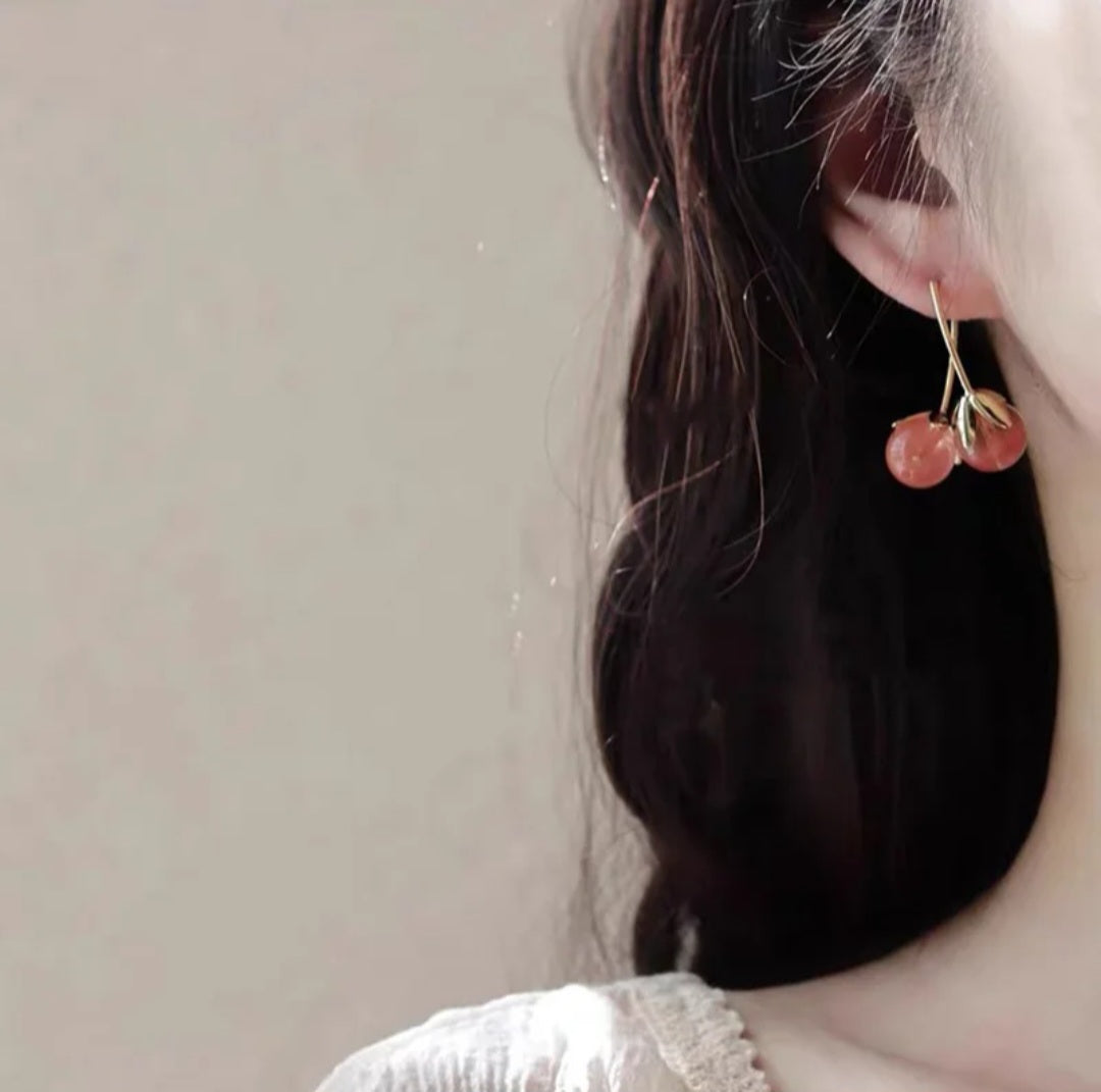 Korean hypo-allergenic needle crystal pink cherry earrings