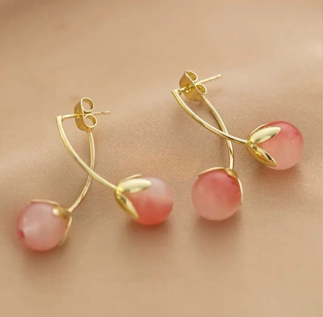Korean hypo-allergenic needle crystal pink cherry earrings